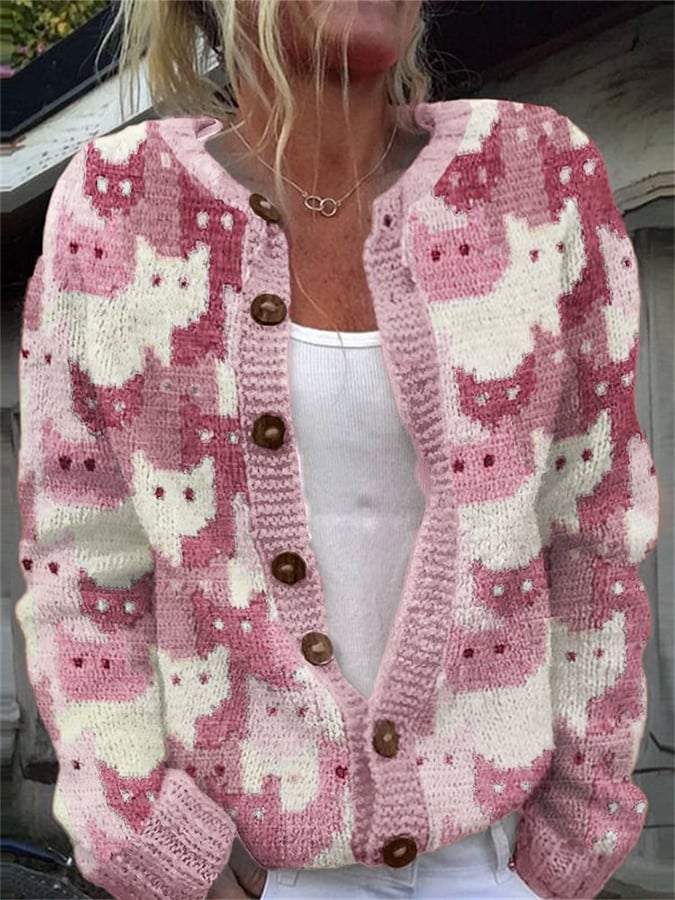 Women’s Casual Pink Cat Sweater – 3D-Sweater-UOKUKB4M5B
