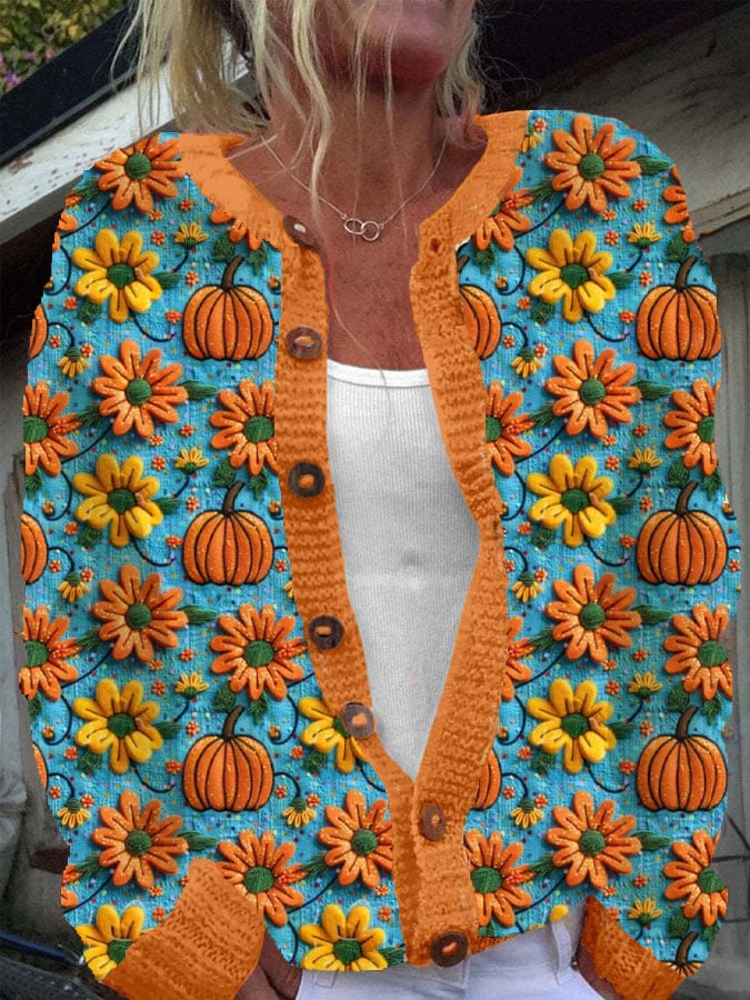 Women’s Autumn Sweater Pumpkin Print Casual Cardigan – 3D-Sweater-SGMDLKXVP2