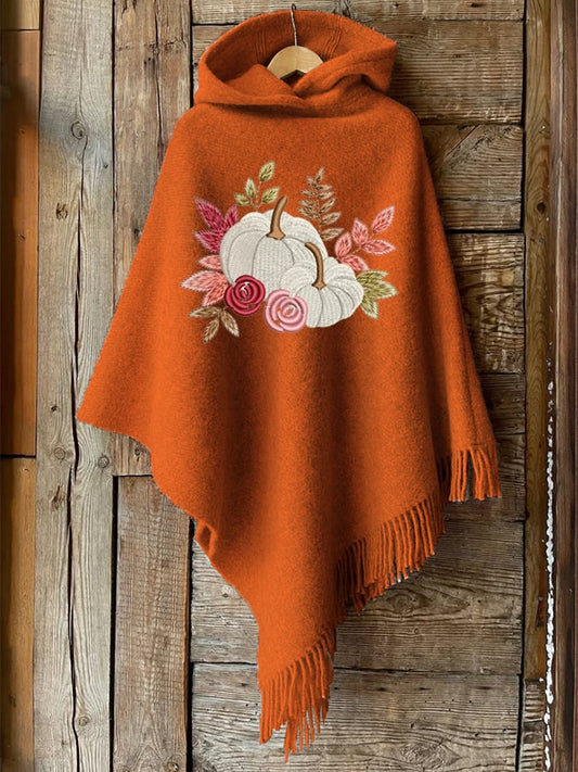 Women’s Wool Autumn Pumpkin Embroidery Print Poncho Hood Cape – 3D-Sweater-LDNESIJ48L