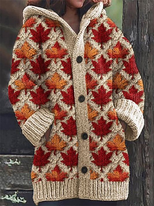 Women’s Autumn Maple Leaf Print Knitted Hooded Cardigan – 3D-Sweater-FXL0GZN8RT