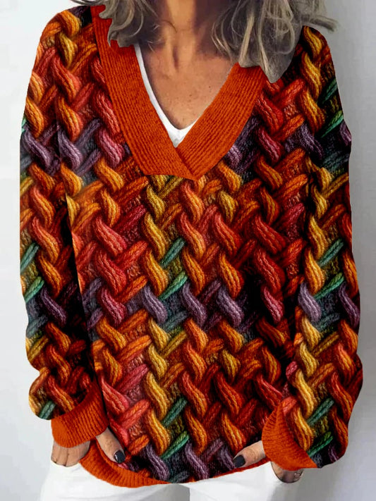 Women’s Fall Inspired Knitted V Neck Cozy Sweater Print V Neck T-Shirt – 3D-Sweater-QJPZL01619